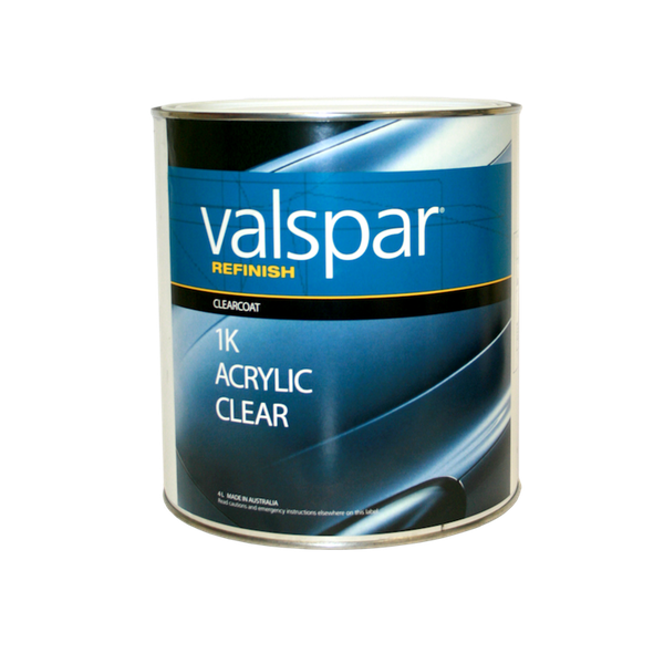 Image of a tin of Valspar Refinish 1K acrylic clear 3.78 Litre